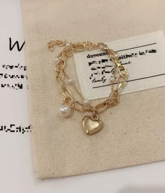 Alternative view of Fashion Chain Love Pearl Double Bracelet Temperament Peach Heart Pendant Bracelet Female College Student Jewelry Pulsera