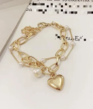 Fashion Chain Love Pearl Double Bracelet Temperament Peach Heart Pendant Bracelet Female College Student Jewelry Pulsera