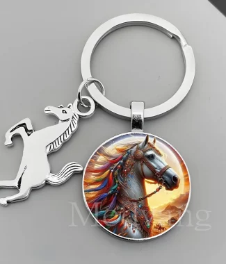 Animal Running Horse Keychain Exquisite Steed Pattern Glass Cabochon Keychain Men's Charm Keychain Gift