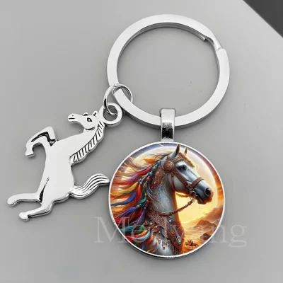 Animal Running Horse Keychain Exquisite Steed Pattern Glass Cabochon Keychain Men's Charm Keychain Gift