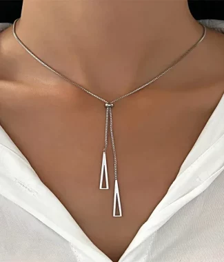 Metal Style Silver Color Triangle Pendant Necklace Fashionable Simple Charm Y Lariat Necklaces for Women Boho Minimalist Jewelry